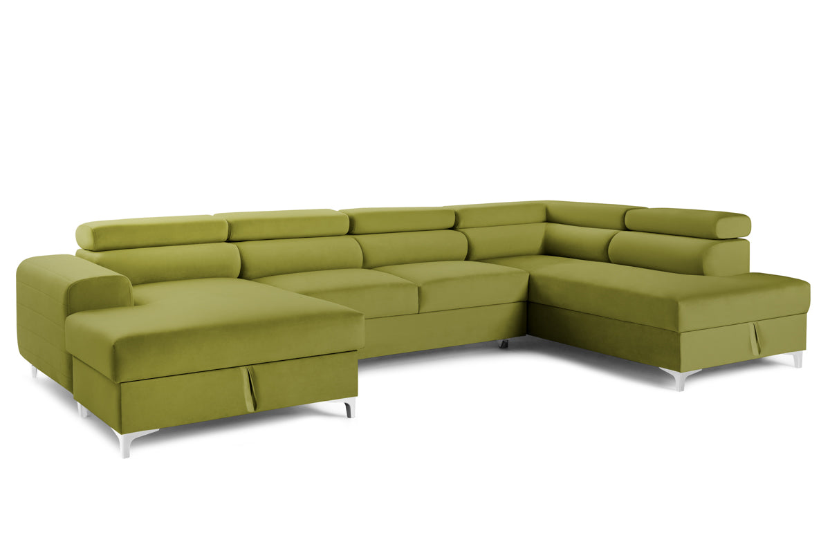 Colțar Extensibil, în formă de U, TIME, cu 2 lăzi de depozitare, cu tetiere reglabile, 360x220x95 cm #color_Verde-Olive-Velluto