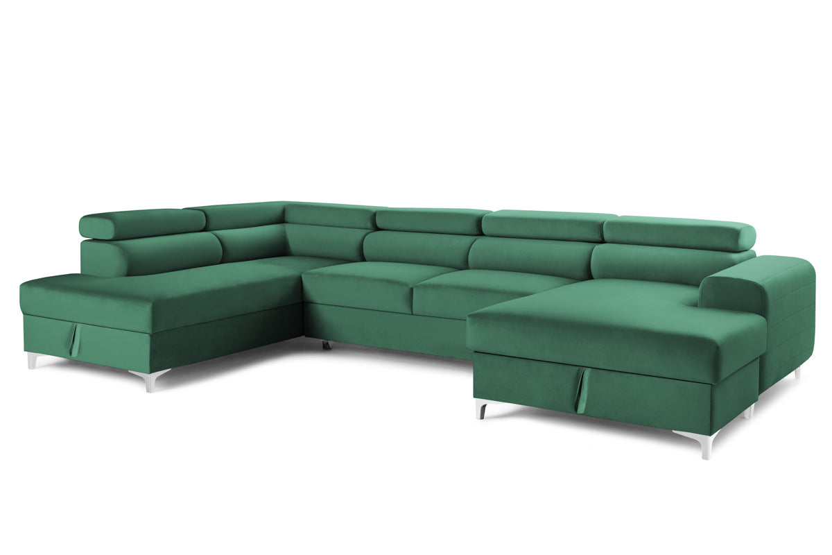 Colțar Extensibil, în formă de U, TIME, cu 2 lăzi de depozitare, cu tetiere reglabile, 360x220x95 cm #color_Verde-Padure-Velluto