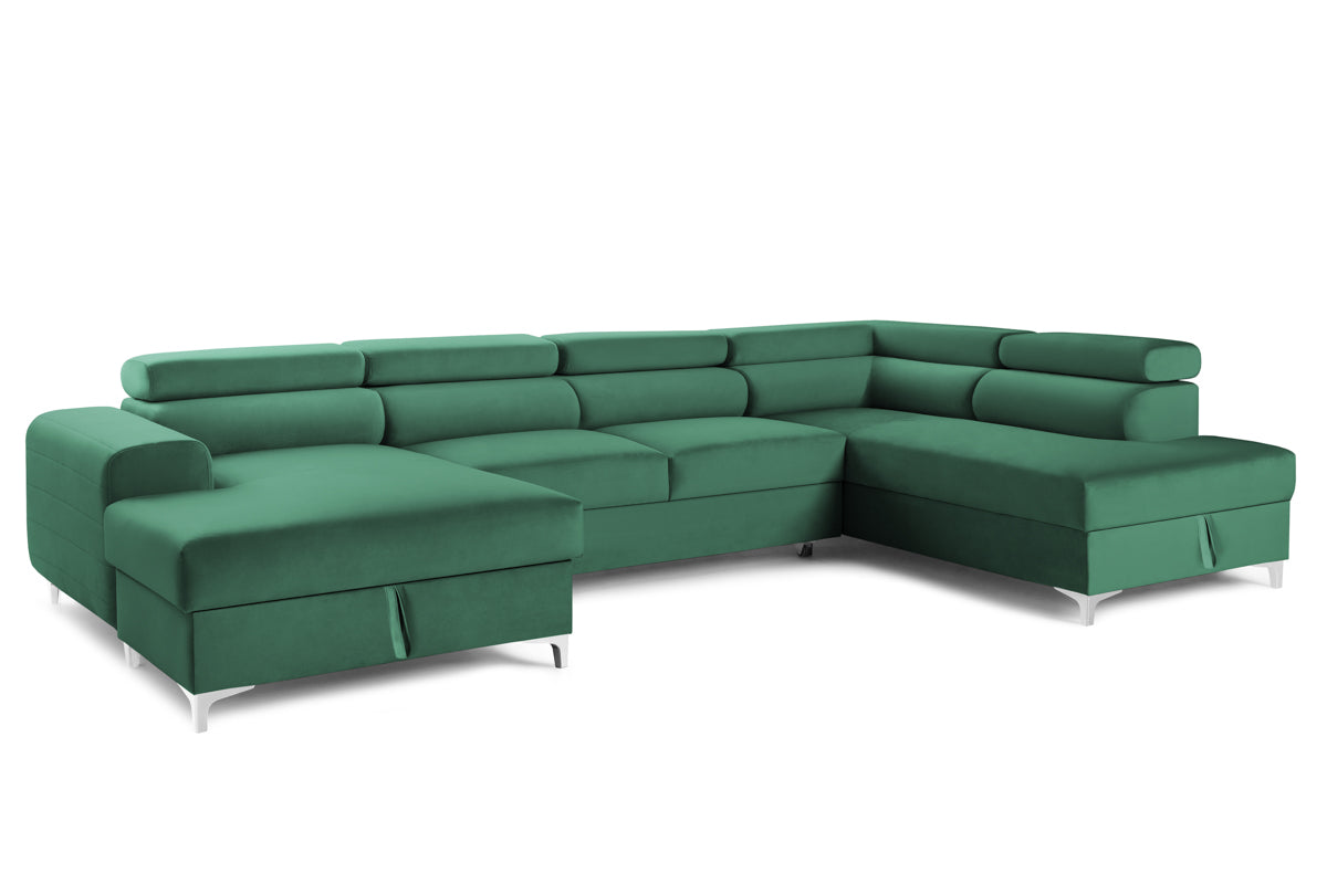 Colțar Extensibil, în formă de U, TIME, cu 2 lăzi de depozitare, cu tetiere reglabile, 360x220x95 cm #color_Verde-Padure-Velluto