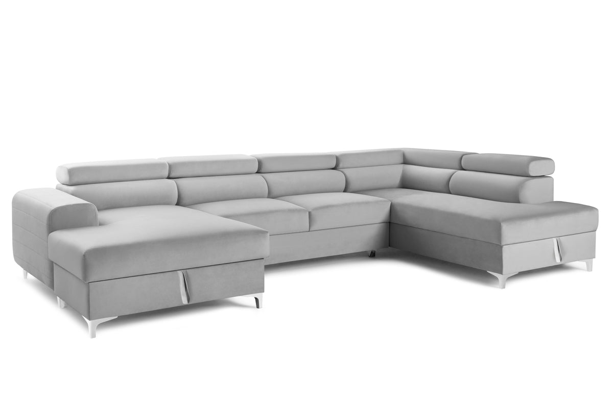 Colțar Extensibil, în formă de U, TIME, cu 2 lăzi de depozitare, cu tetiere reglabile, 360x220x95 cm #color_Gri-Silver-Velluto