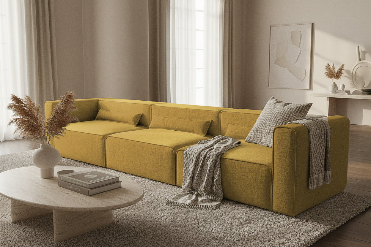 Canapea Extensibilă 4 locuri ZANETTO, cu 3 lăzi depozitare, 340x100x70 cm, #color_Galben-Onyx