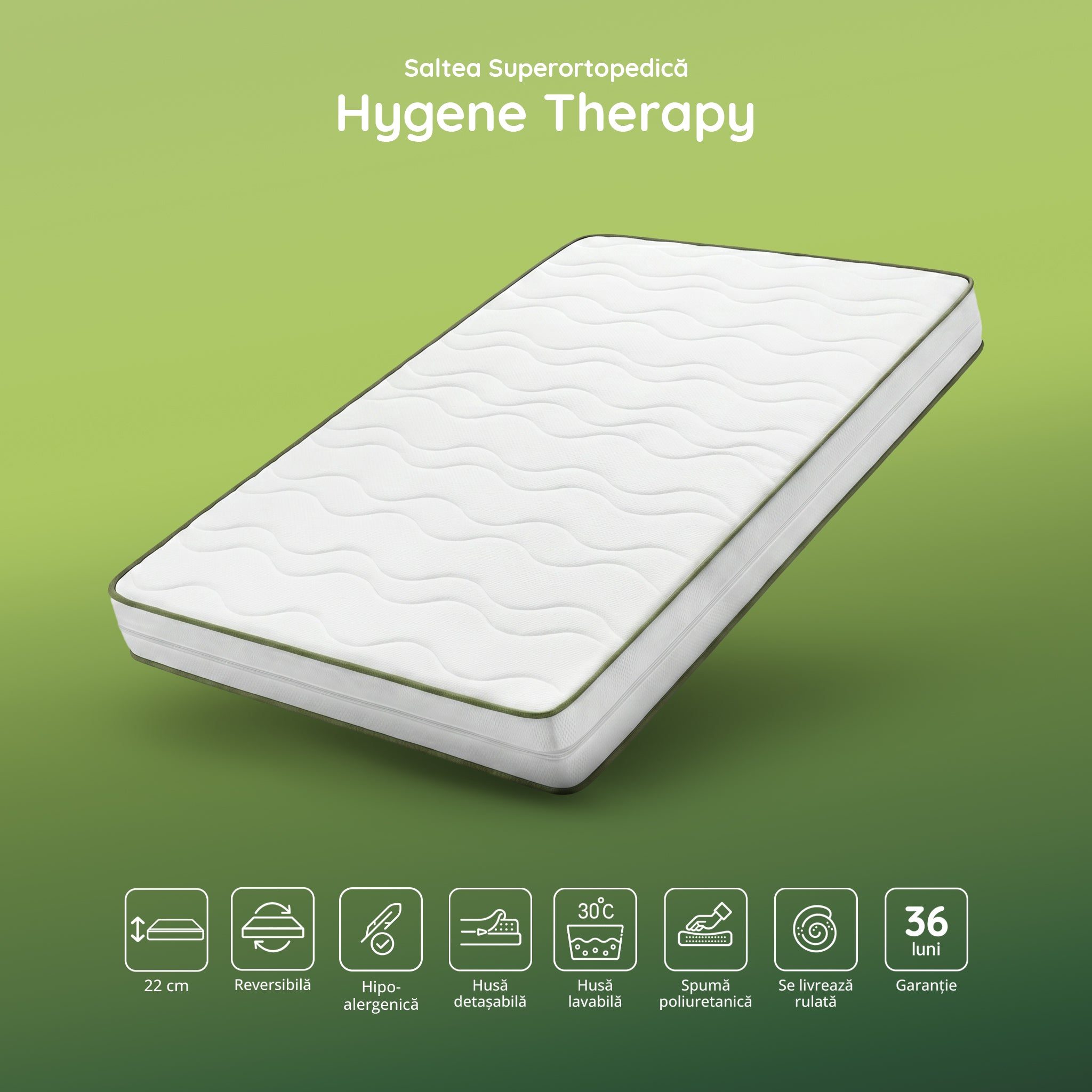 Saltea HYGENE THERAPY, spumă poliuretanică, reversibilă, husă detașabilă cu fermoar, lavabilă, superortopedică, Grosime 22 cm - Prestige Home