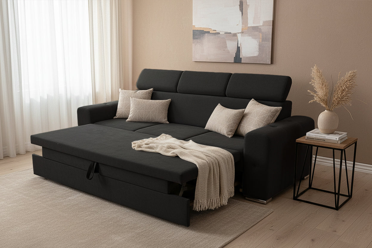 Canapea Extensibila 3 locuri BELLAGIO, cu tetiere, 235x95x85 cm - Prestigehome.ro - Canapea 3 Locuri - Prestige - #color_negru-enjoy