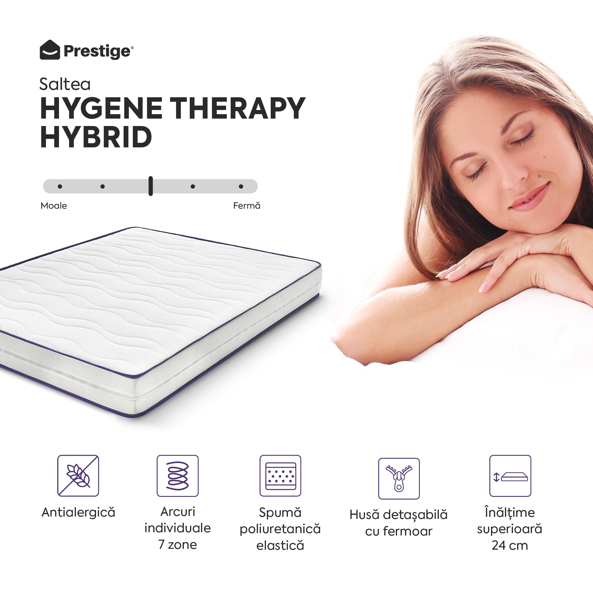 Saltea HYGENE THERAPY HYBRID, 7 zone de confort, Arcuri Individuale, husă detașabilă cu fermoar, lavabilă, superortopedică, Grosime 24 cm - Prestige Home