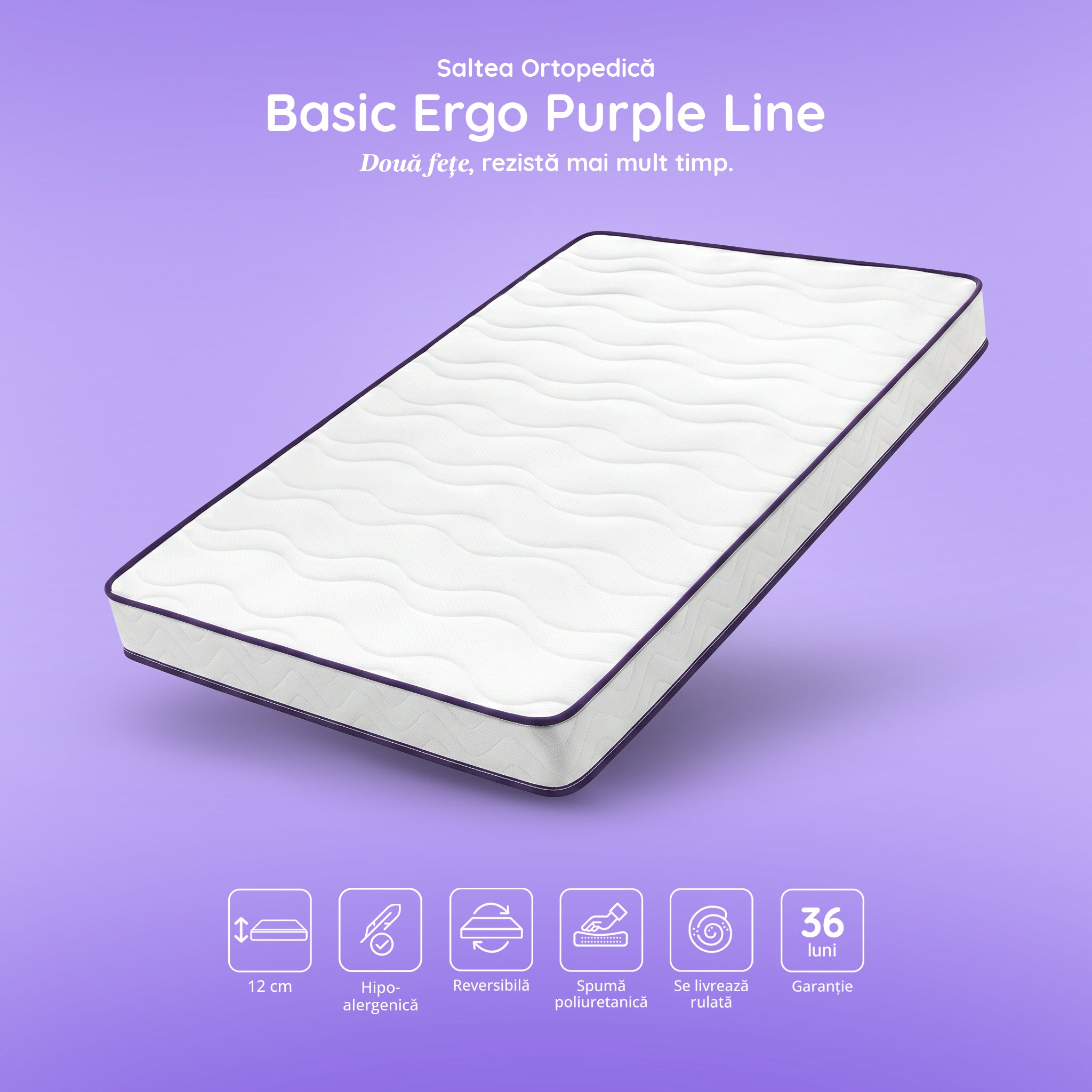 Saltea BASIC ERGO PURPLE LINE, spumă poliuretanică, reversibilă, hipoalergenică, ortopedică, Grosime 12 cm - Prestige Home