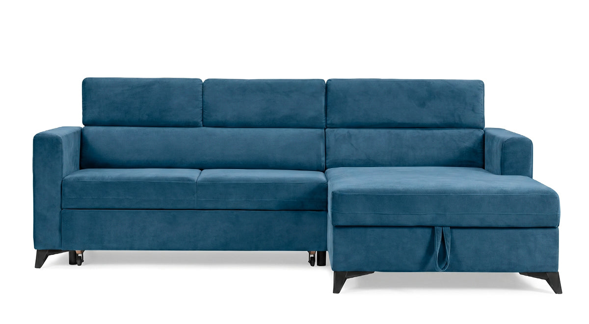 Colțar Extensibil MIZZONI, cu lada depozitare, tetiere reglabile, 250 x 175 x 94 cm, Albastru Denim, Outlet