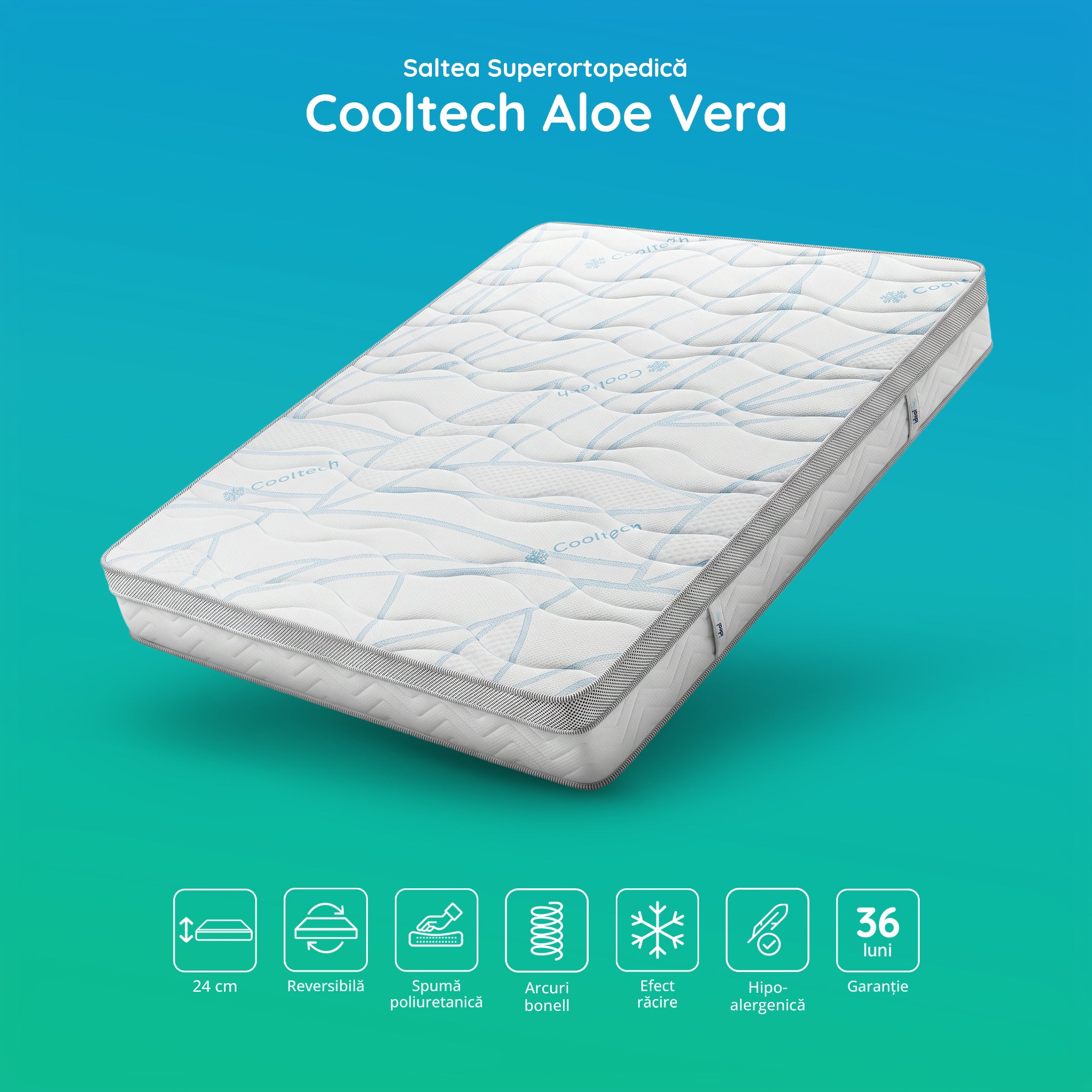 Saltea Ideal Sleep COOLTECH ALOE VERA, Arcuri Bonell, spumă poliuretanică pe multiple straturi, husă CoolTech, superortopedică, Grosime 24 cm