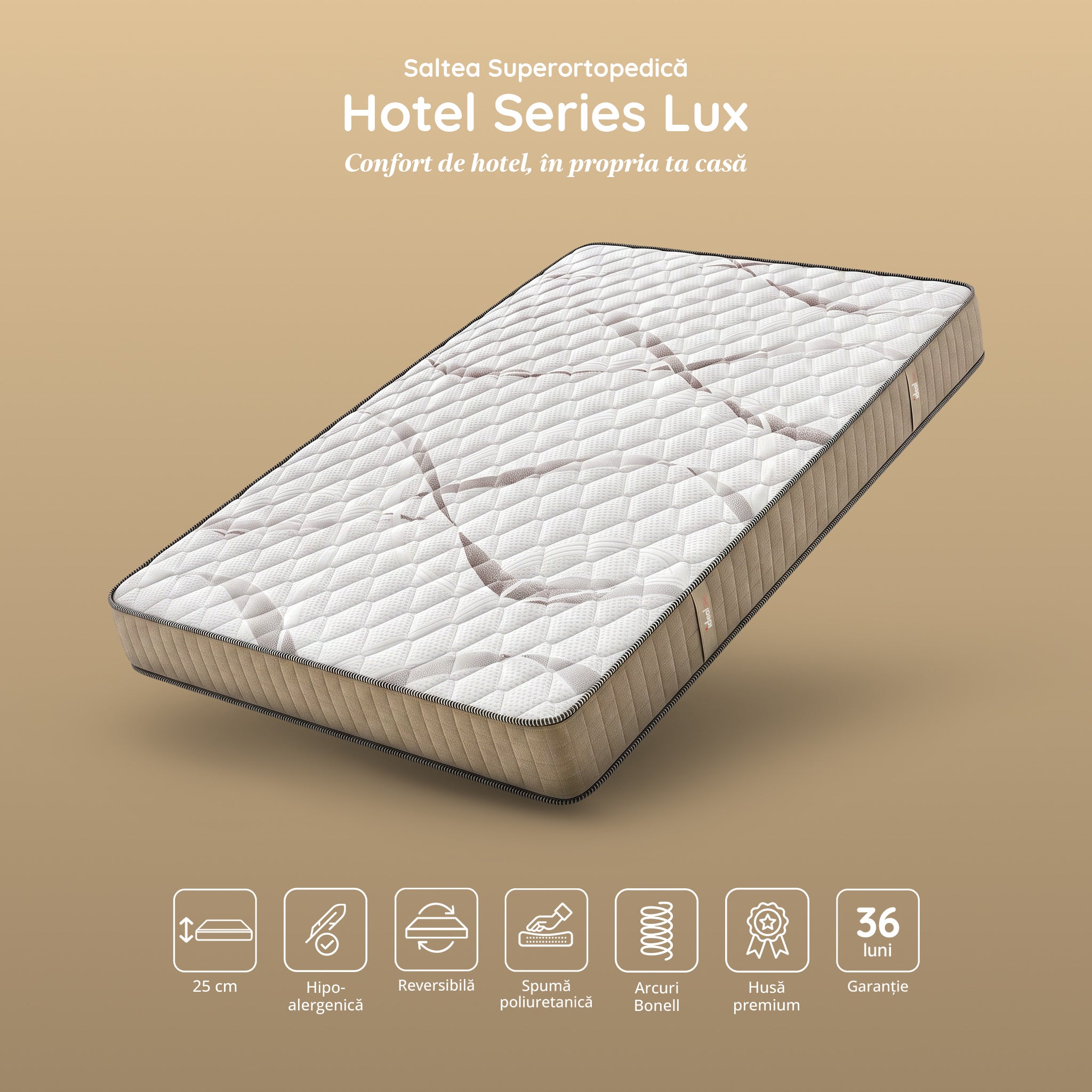Saltea Ideal Sleep HOTEL SERIES LUX, superortopedică, cu spumă poliuretanică și arcuri, husă cu aerisire optimă, Grosime 25 cm - Prestige Home