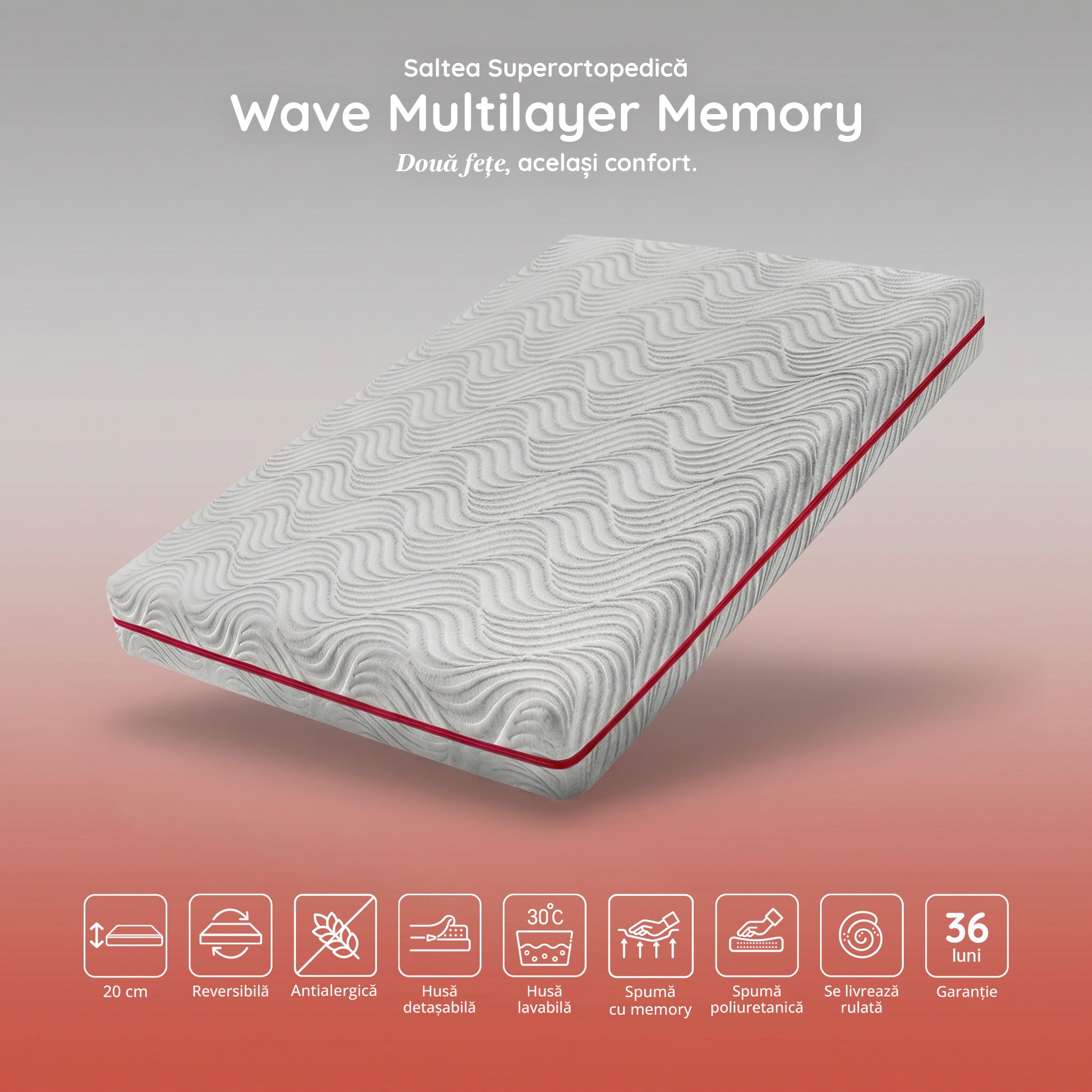 Saltea WAVE MULTILAYER, spumă cu memorie, spumă reziliență mare, husă hipoalergenică detașabilă și lavabilă, superortopedică, grosime 20 cm