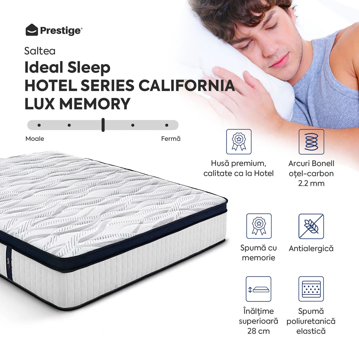 Saltea Ideal Sleep HOTEL SERIES CALIFORNIA LUX MEMORY, Arcuri Bonell, spumă poliuretanică elastică, spumă cu memorie, husă cu aerisire optimă, superortopedică, Grosime 28 cm
