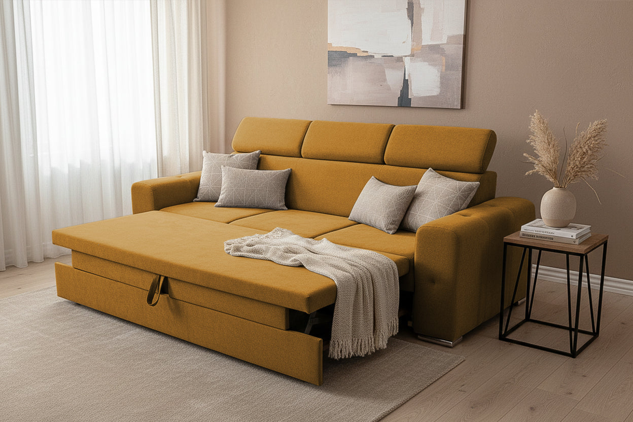 Canapea Extensibila 3 locuri BELLAGIO, cu tetiere, 235x95x85 cm - Prestigehome.ro - Canapea 3 Locuri - Prestige - #color_Mango-Enjoy