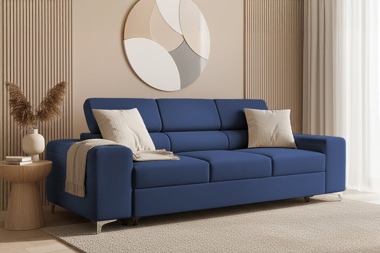 Canapea Extensibilă 3 locuri TIME, cu tetiere reglabile, cu suport lombar, 255x97x94 cm #color_Albastru-Velluto