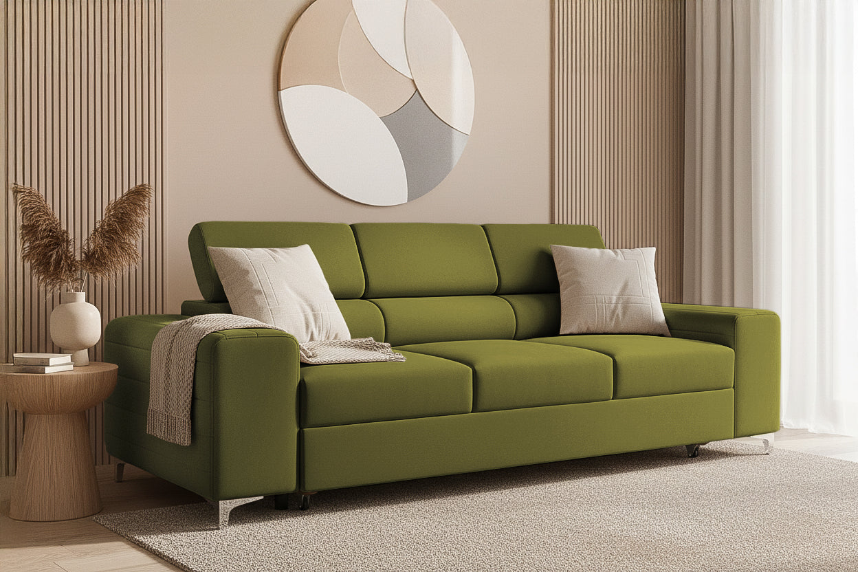 Canapea Extensibilă 3 locuri TIME, cu tetiere reglabile, cu suport lombar, 255x97x94 cm #color_Verde-Olive-Velluto