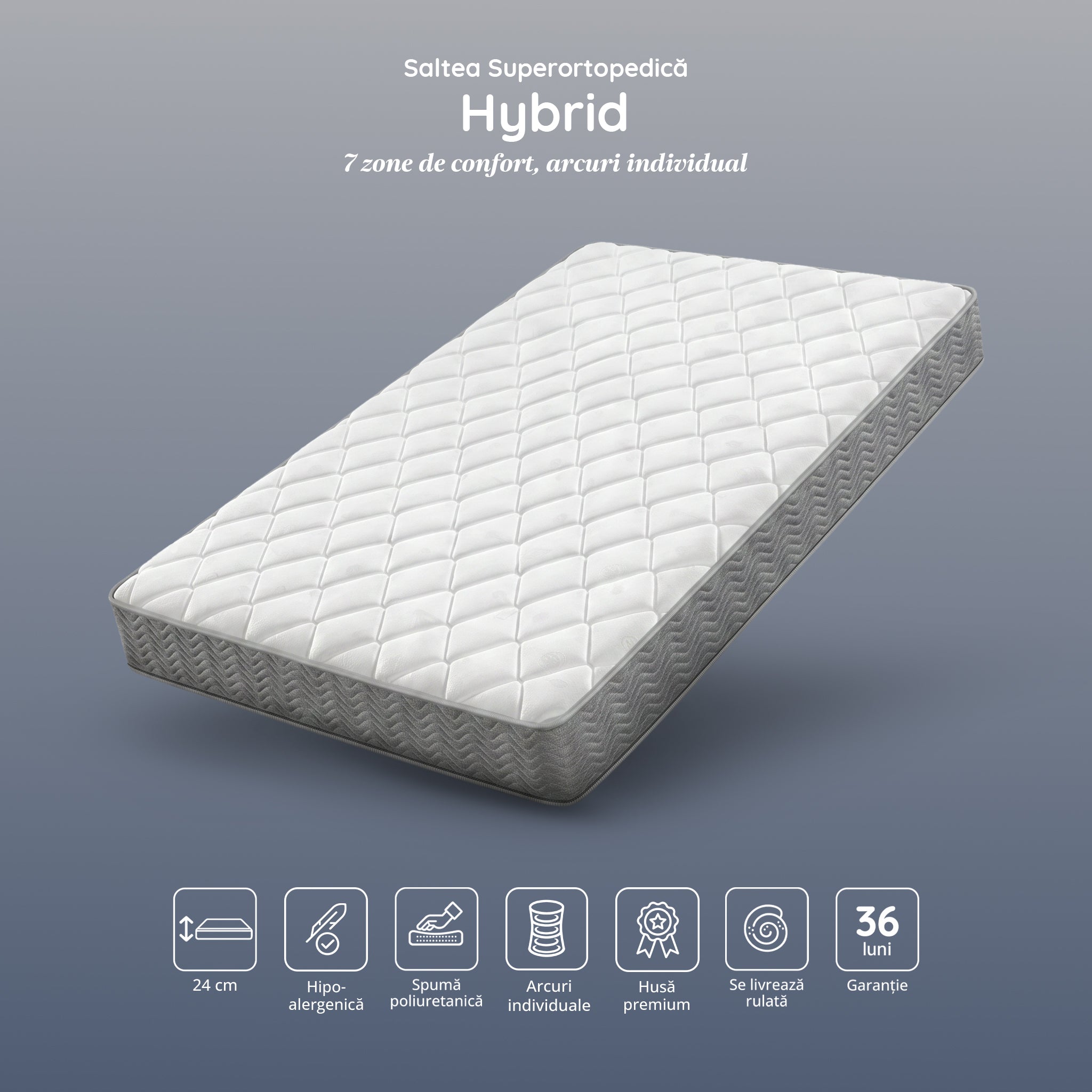 Saltea HYBRID, 7 zone de confort, Arcuri Individuale, husă antibacteriană, superortopedică, Grosime 24 cm - Prestige Home