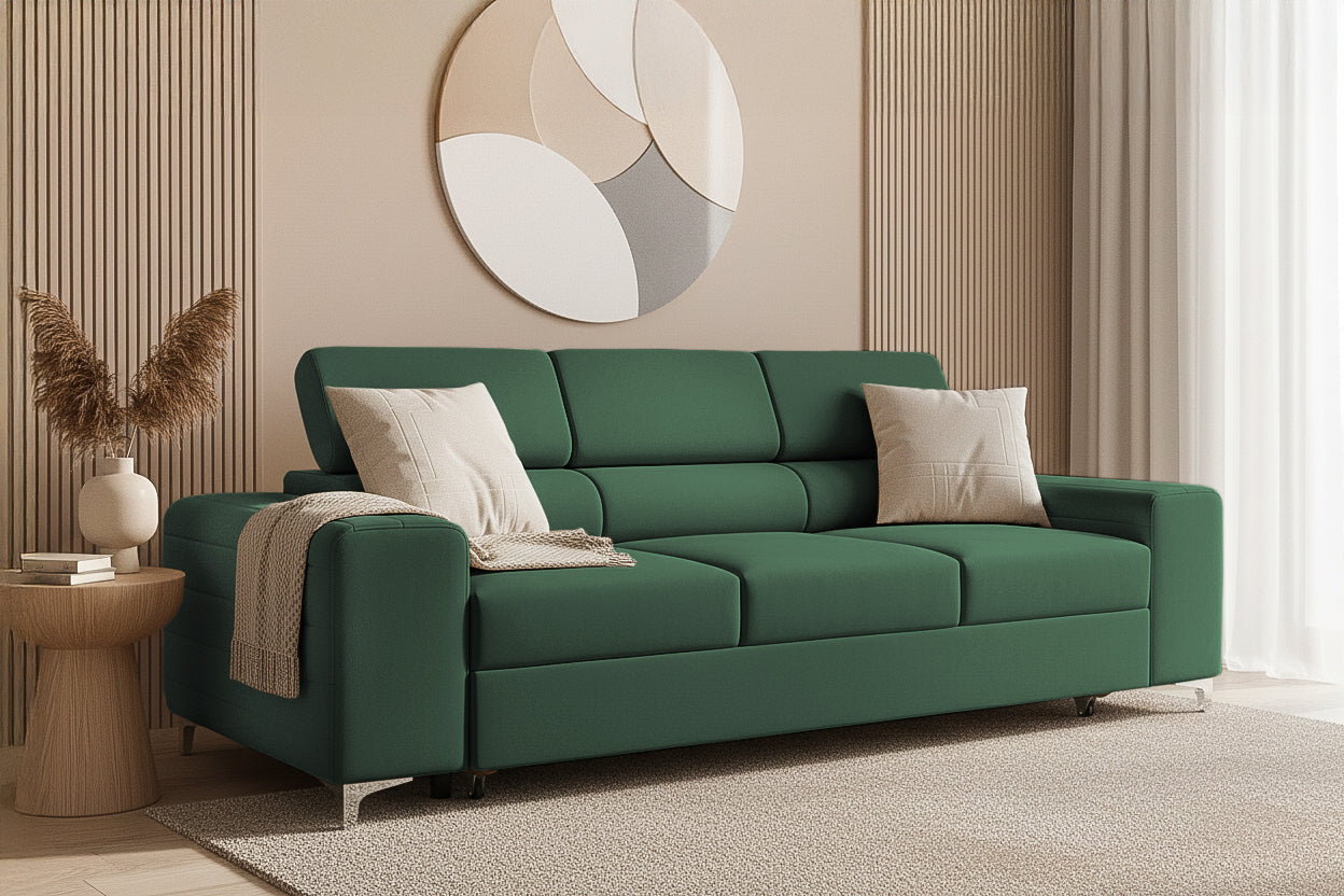 Canapea Extensibilă 3 locuri TIME, cu tetiere reglabile, cu suport lombar, 255x97x94 cm #color_Verde-Padure-Velluto