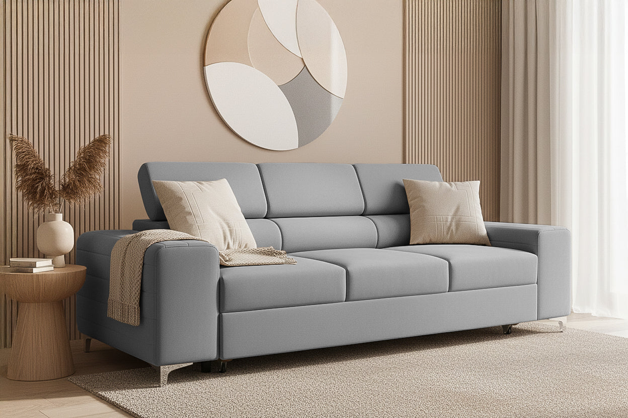 Canapea Extensibilă 3 locuri TIME, cu tetiere reglabile, cu suport lombar, 255x97x94 cm #color_Gri-Silver-Velluto