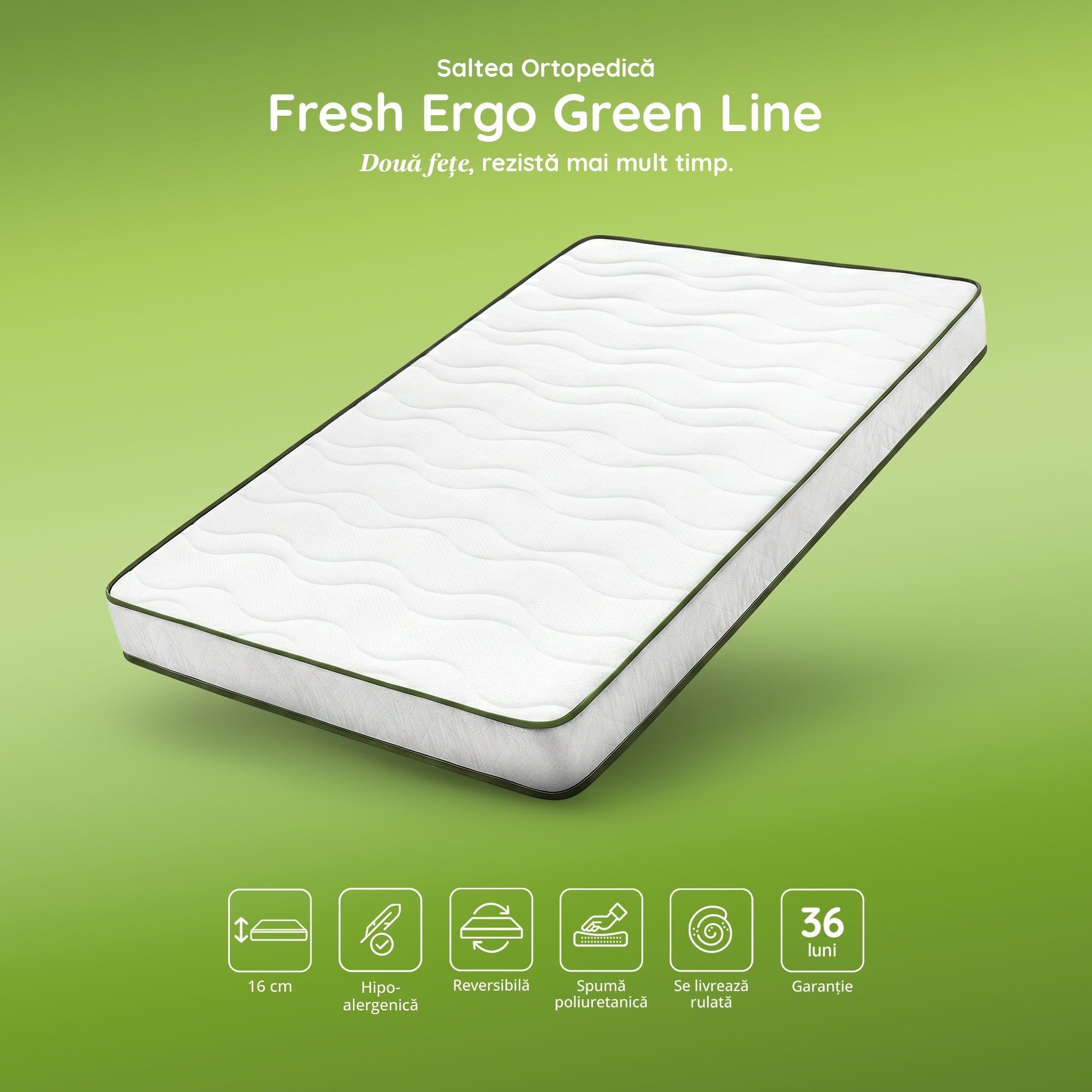 Saltea FRESH ERGO GREEN LINE, spumă poliuretanică, reversibilă, hipoalergenică, ortopedică, Grosime 16 cm - Prestige Home