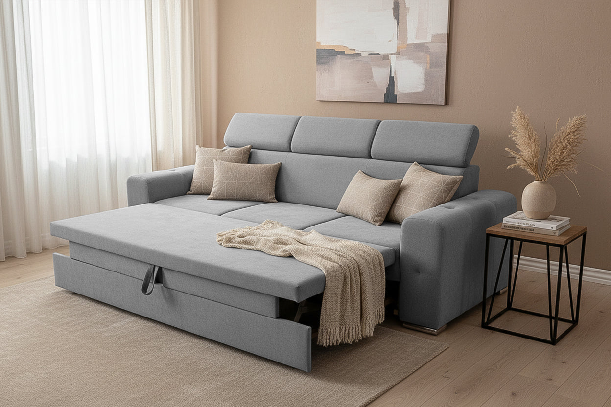 Canapea Extensibila 3 locuri BELLAGIO, cu tetiere, 235x95x85 cm - Prestigehome.ro - Canapea 3 Locuri - Prestige - #color_Gri-Deschis-Enjoy