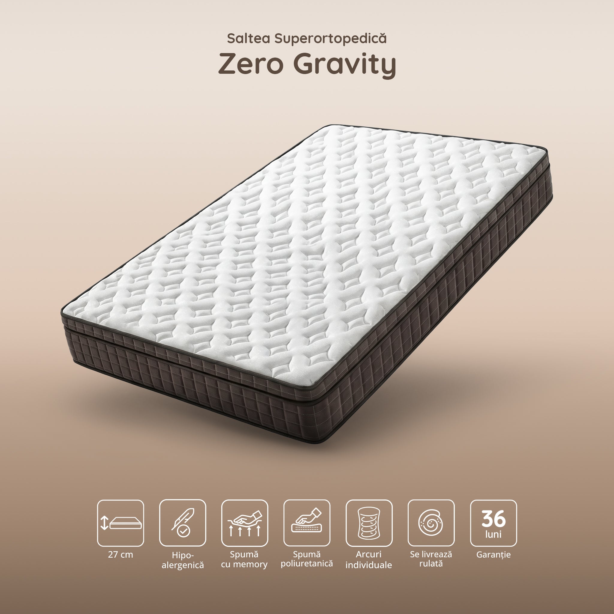 ZERO GRAVITY, 7 zone de confort, Arcuri Individuale, spumă poliuretanică elastică, spumă cu memorie, husă cu efect antialergic, superortopedică, Grosime 27 cm - Prestige Home