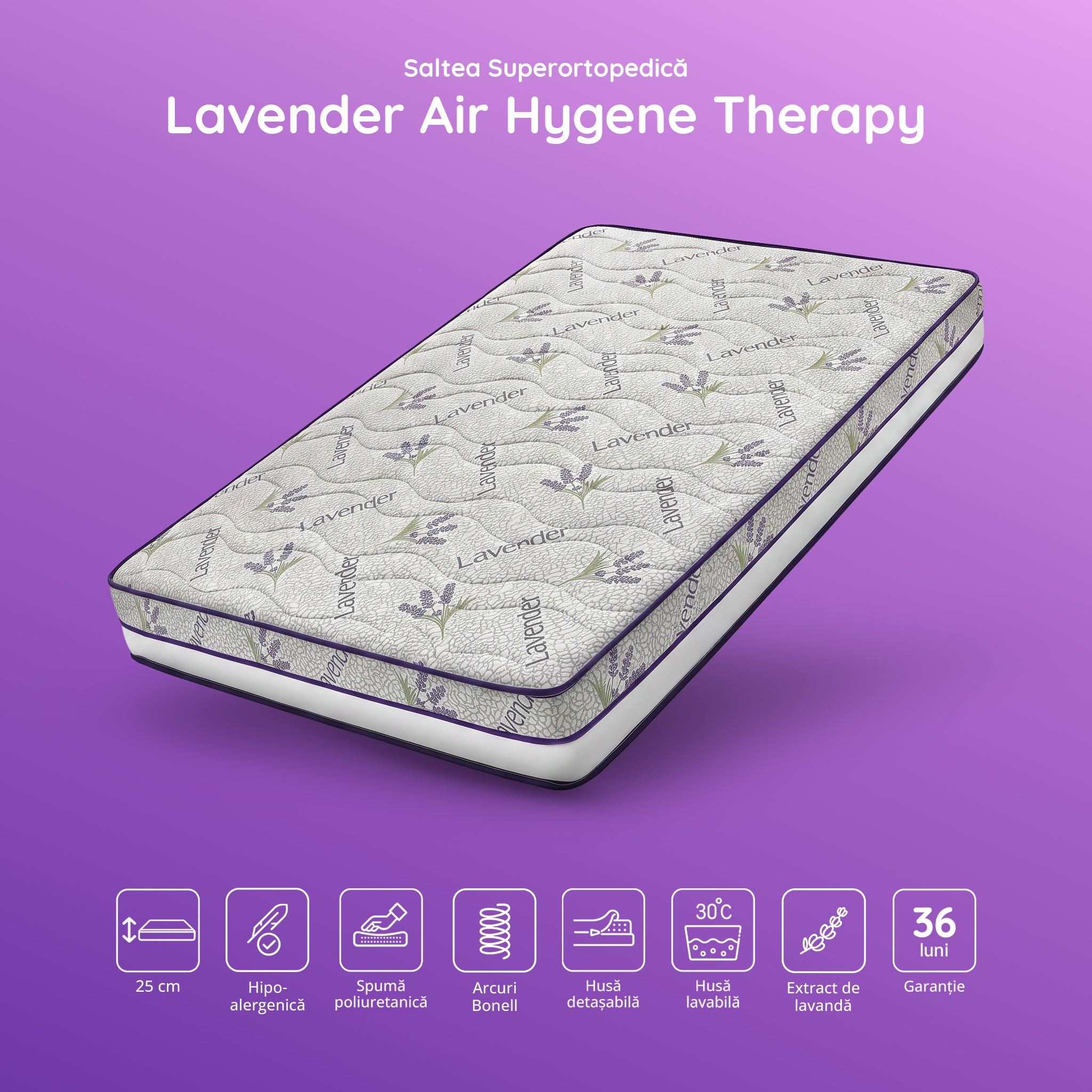 Saltea LAVENDER AIR HYGENE THERAPY, husă detașabilă, superortopedică, cu spumă poliuretanică și arcuri, Grosime 25 cm - Prestige Home