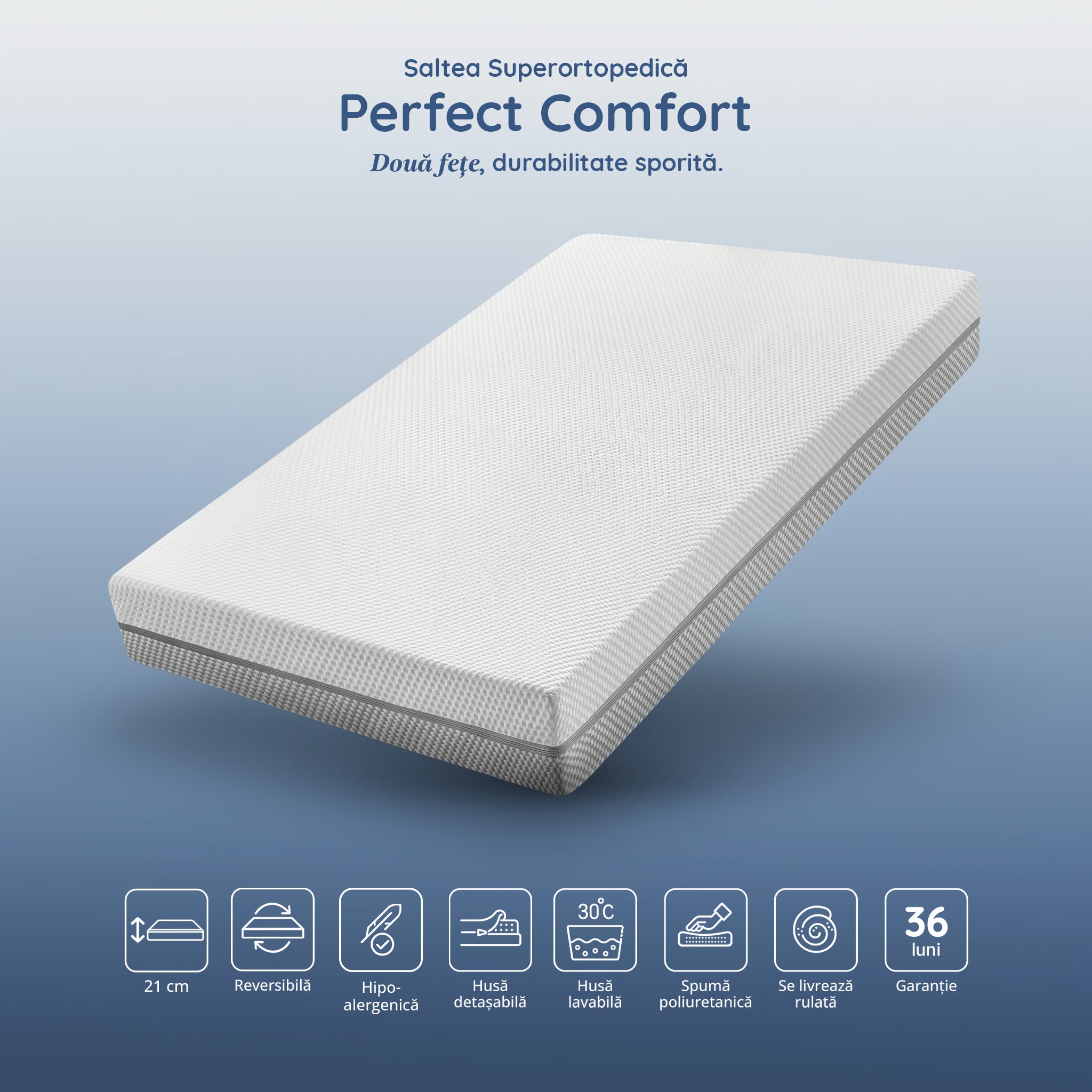 Saltea Ideal Sleep PERFECT COMFORT 4 in 1, spumă poliuretanica de susținere, spumă High Resilience, spumă cu memorie, husă detașabilă și lavabilă, superortopedică, Grosime 22 cm