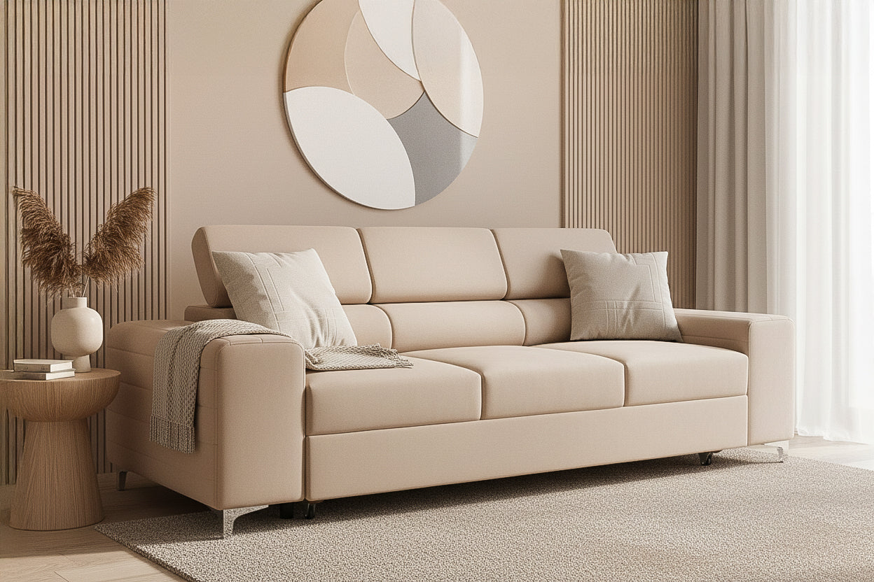 Canapea Extensibilă 3 locuri TIME, cu tetiere reglabile, cu suport lombar, 255x97x94 cm #color_Bej-Velluto