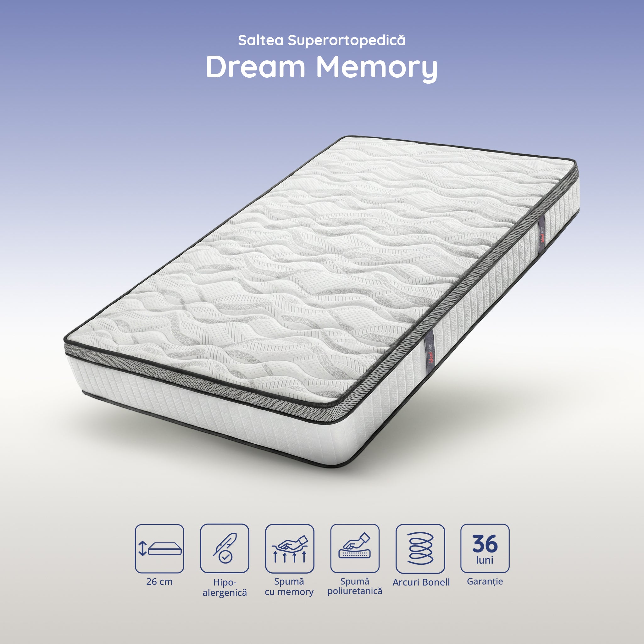 Saltea Ideal Sleep DREAM MEMORY, Arcuri Bonell, spumă poliuretanică fermă, spumă cu memorie, superortopedică, Grosime 26 cm