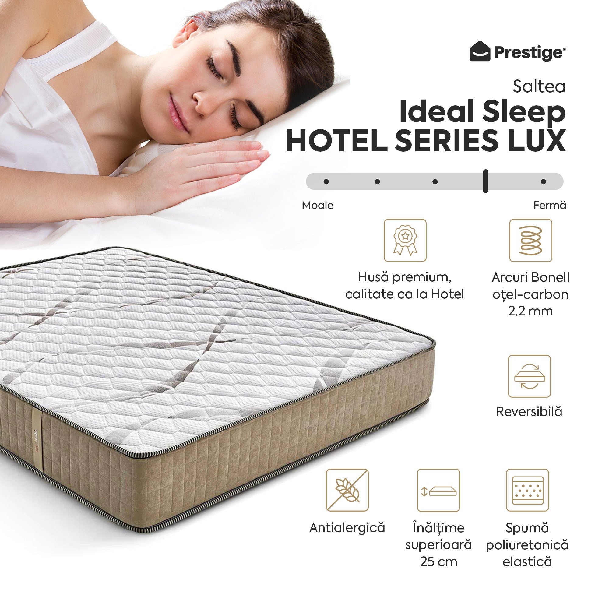Saltea Ideal Sleep HOTEL SERIES LUX, superortopedică, cu spumă poliuretanică și arcuri, husă cu aerisire optimă, Grosime 25 cm - Prestige Home