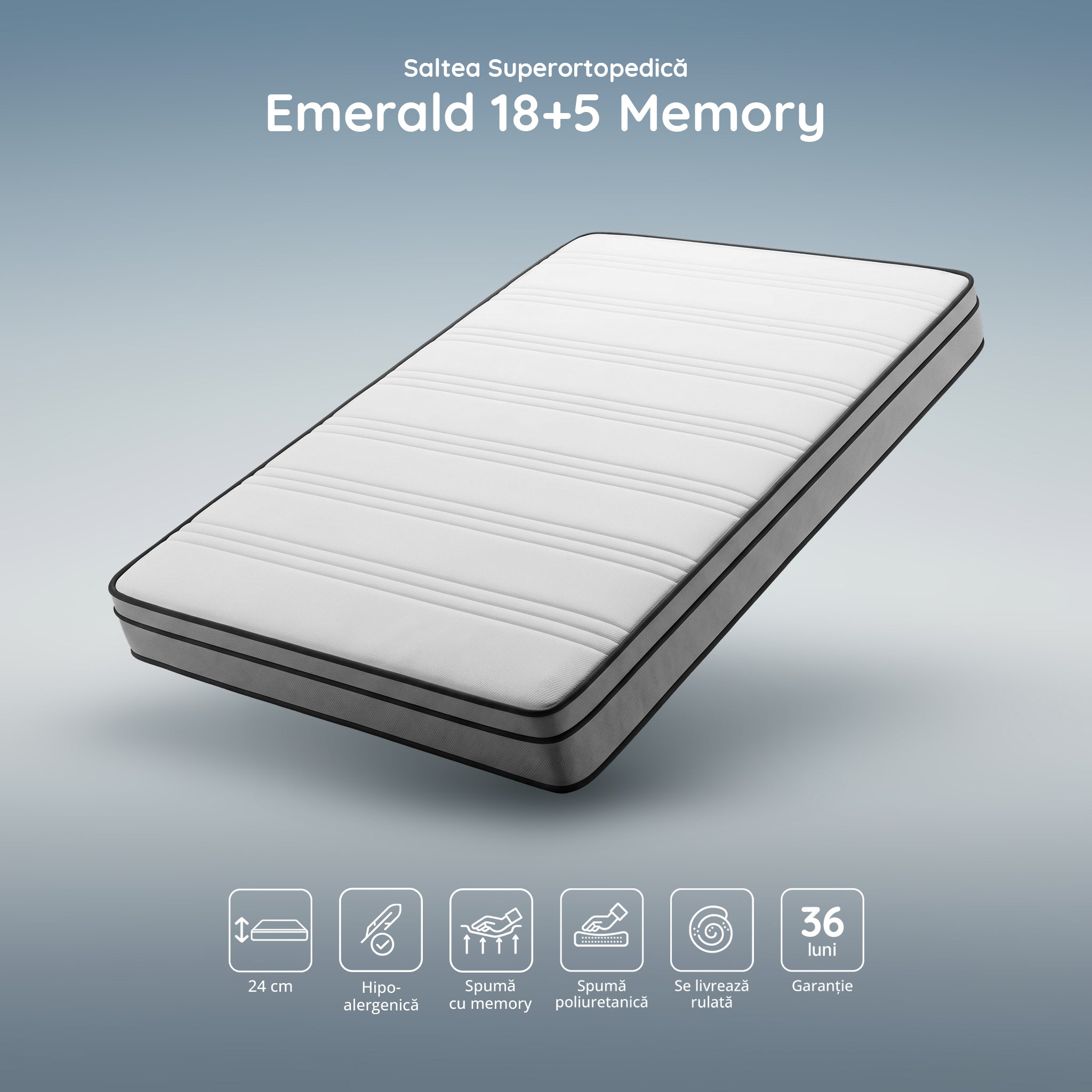Saltea EMERALD, 18+5 Memory, spumă poliuretanică elastică, spumă cu memorie, husă cu efect antialergic, superortopedică, Grosime 24 cm - Prestige Home