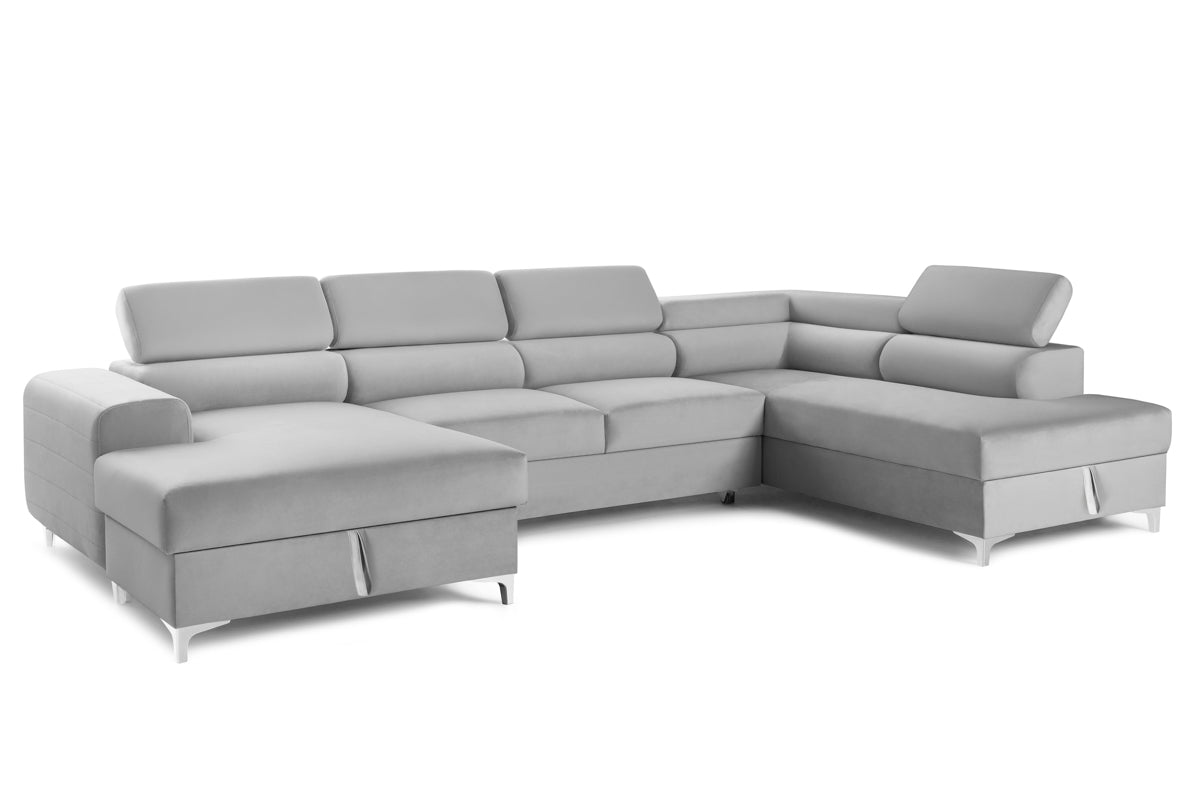 Colțar Extensibil, în formă de U, TIME, cu 2 lăzi de depozitare, cu tetiere reglabile, 360x220x95 cm #color_Gri-Silver-Velluto