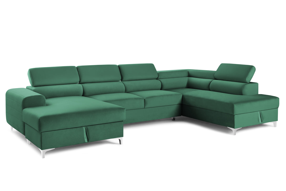 Colțar Extensibil, în formă de U, TIME, cu 2 lăzi de depozitare, cu tetiere reglabile, 360x220x95 cm #color_Verde-Padure-Velluto