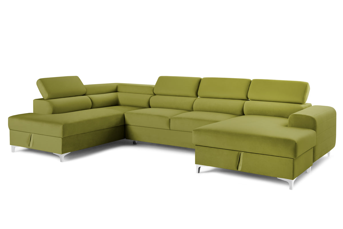 Colțar Extensibil, în formă de U, TIME, cu 2 lăzi de depozitare, cu tetiere reglabile, 360x220x95 cm #color_Verde-Olive-Velluto