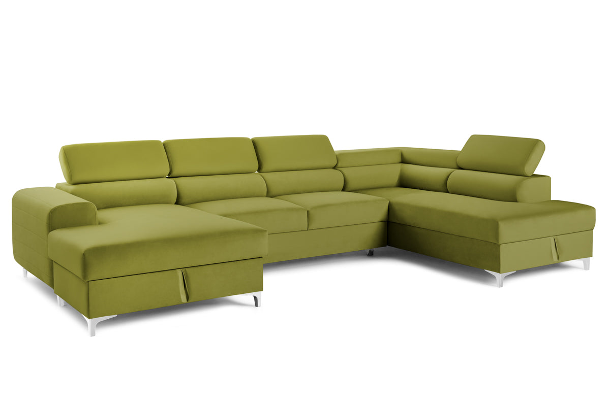 Colțar Extensibil, în formă de U, TIME, cu 2 lăzi de depozitare, cu tetiere reglabile, 360x220x95 cm #color_Verde-Olive-Velluto
