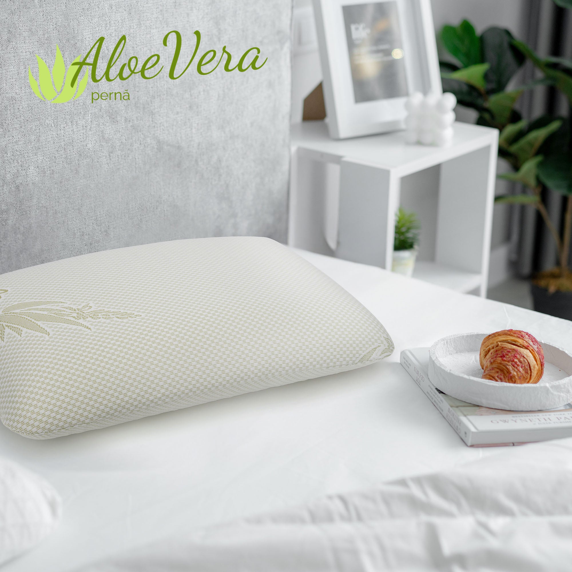 Pernă Aloe Vera Therapy, din spumă cu memorie flexibilă, husă detașabilă și lavabilă, 60x40x15 cm - Prestige Home