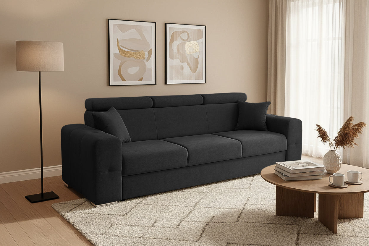 Canapea Extensibila 3 locuri BELLAGIO, cu tetiere, 235x95x85 cm - Prestigehome.ro - Canapea 3 Locuri - Prestige - #color_negru-enjoy