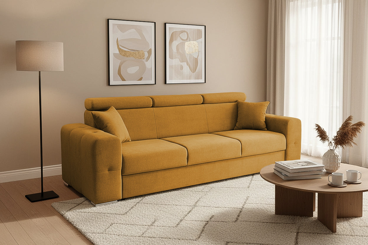 Canapea Extensibila 3 locuri BELLAGIO, cu tetiere, 235x95x85 cm - Prestigehome.ro - Canapea 3 Locuri - Prestige - #color_Mango-Enjoy