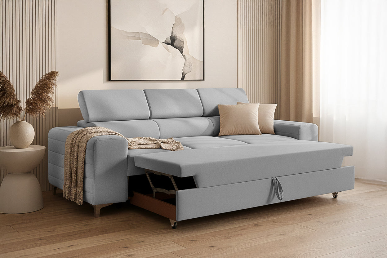 Canapea Extensibilă 3 locuri TIME, cu tetiere reglabile, cu suport lombar, 255x97x94 cm #color_Gri-Silver-Velluto