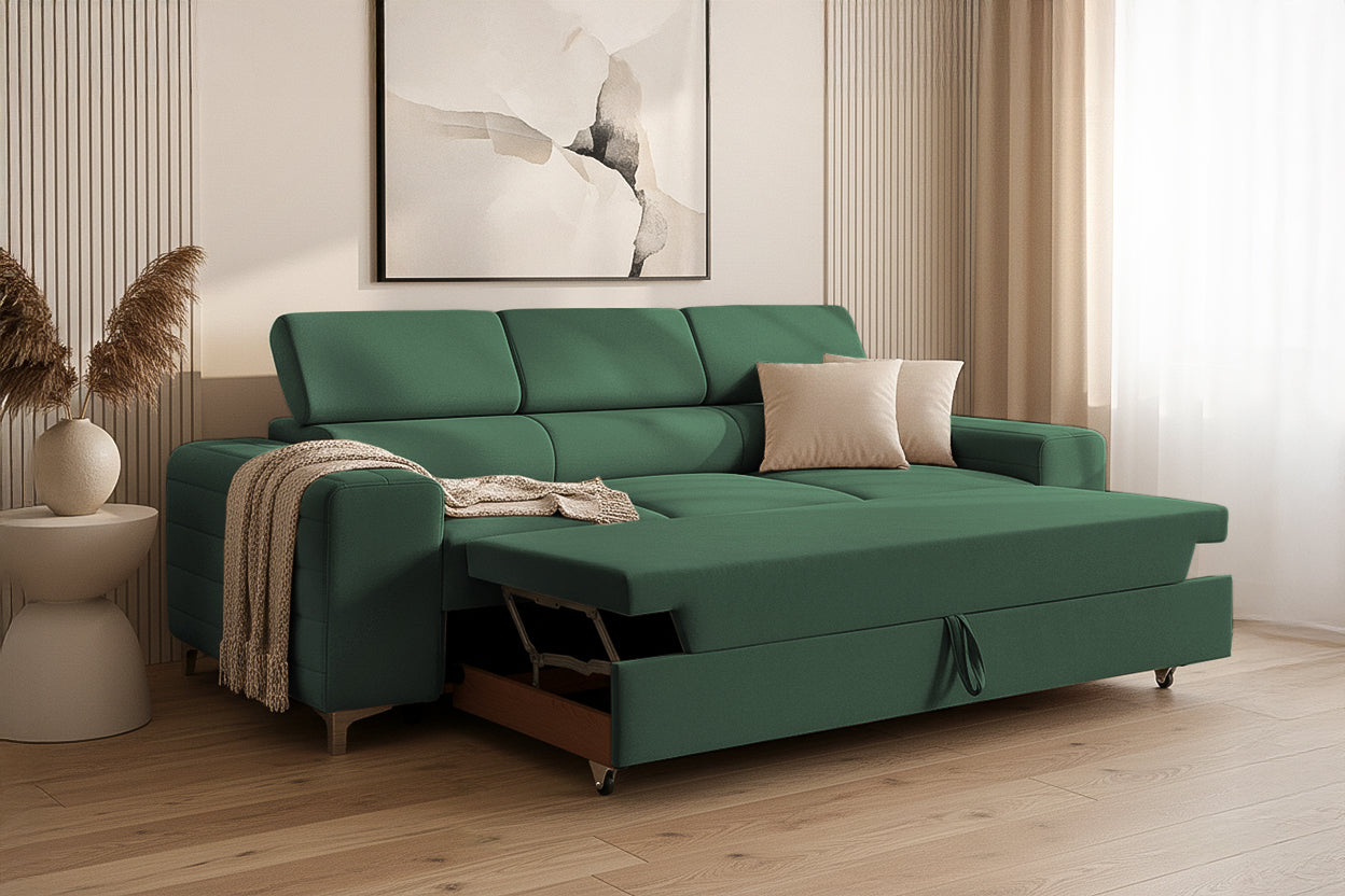 Canapea Extensibilă 3 locuri TIME, cu tetiere reglabile, cu suport lombar, 255x97x94 cm #color_Verde-Padure-Velluto
