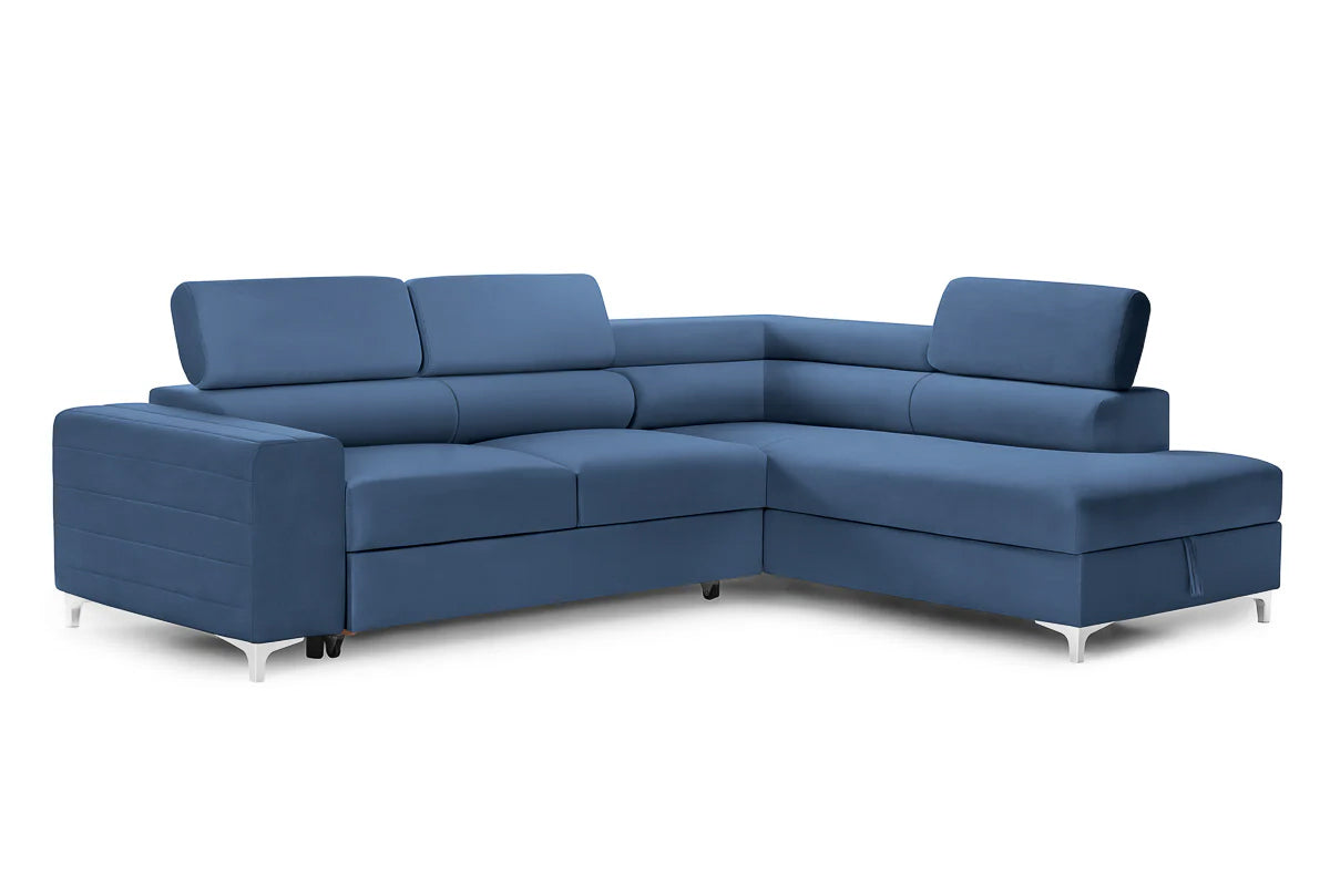Colțar Extensibil TIME, cu lada depozitare, tetiere reglabile, varianta pe dreapta, 285x220x95 cm, Albastru - Outlet