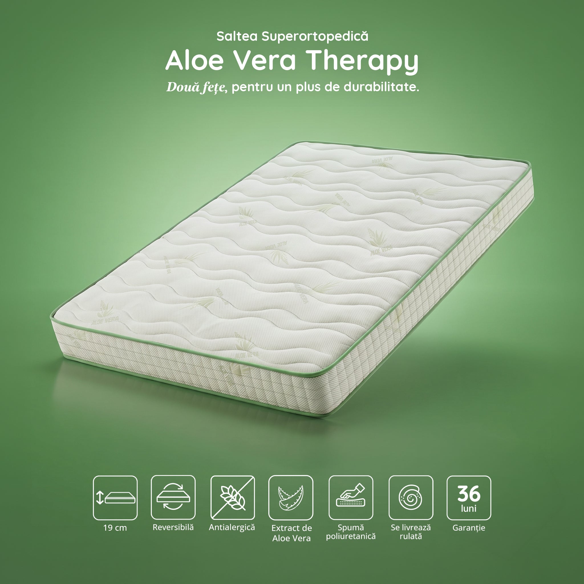 Saltea ALOE VERA THERAPY, spumă poliuretanică, reversibilă, hipoalergenică, super ortopedică, Grosime 19 cm - Prestige Home