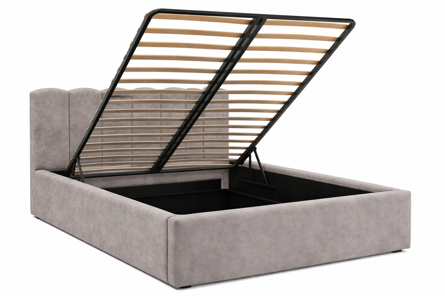 Pat Tapițat PRINCESS, cu somieră rabatabilă și ladă de depozitare, Grej Antilopă - Outlet