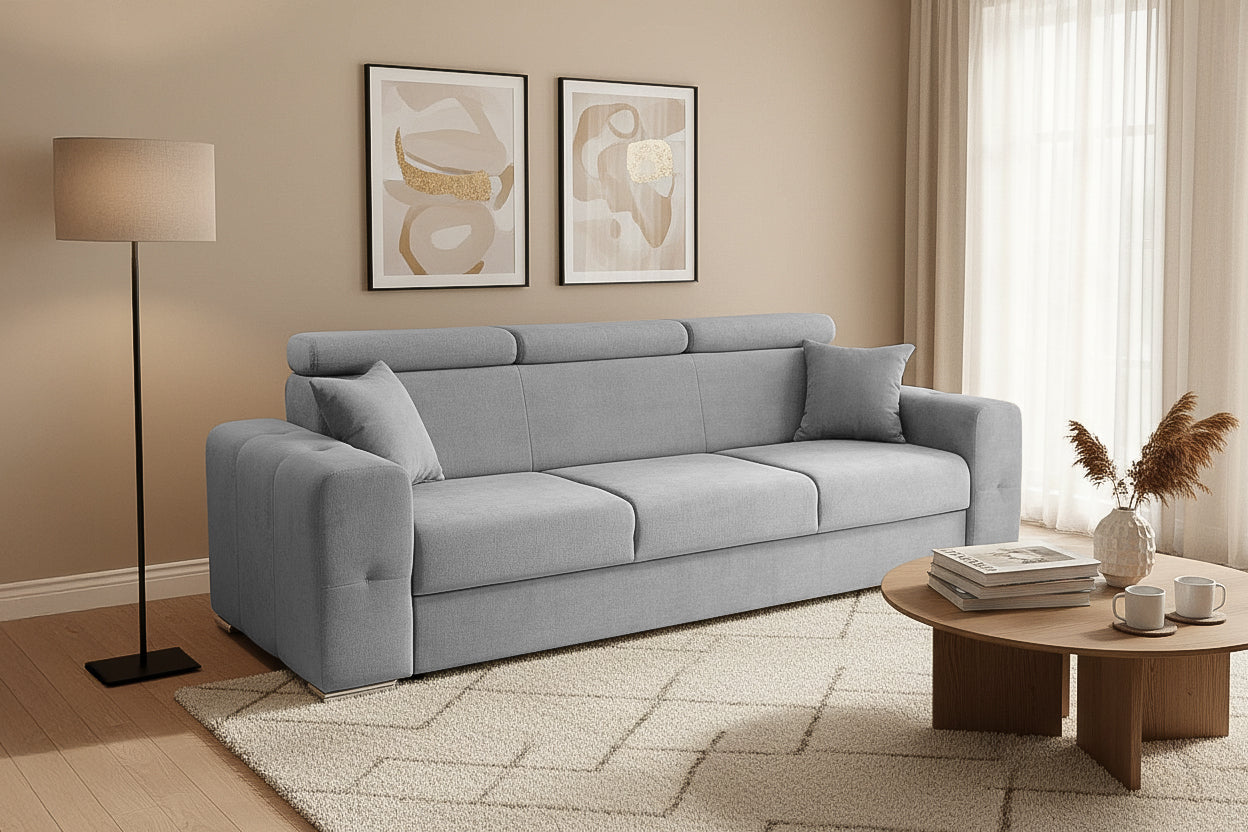 Canapea Extensibila 3 locuri BELLAGIO, cu tetiere, 235x95x85 cm - Prestigehome.ro - Canapea 3 Locuri - Prestige - #color_Gri-Deschis-Enjoy