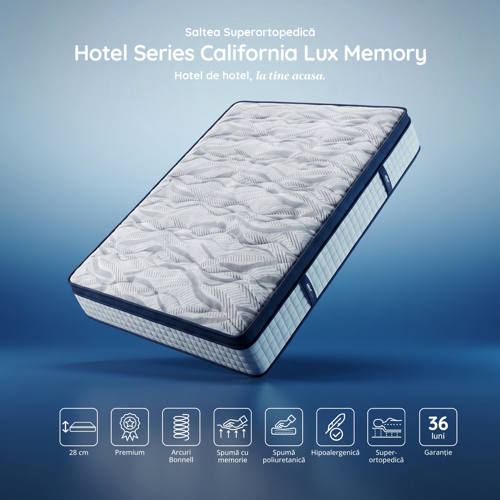 Saltea Ideal Sleep HOTEL SERIES CALIFORNIA LUX MEMORY, Arcuri Bonell, spumă poliuretanică elastică, spumă cu memorie, husă cu aerisire optimă, superortopedică, Grosime 28 cm