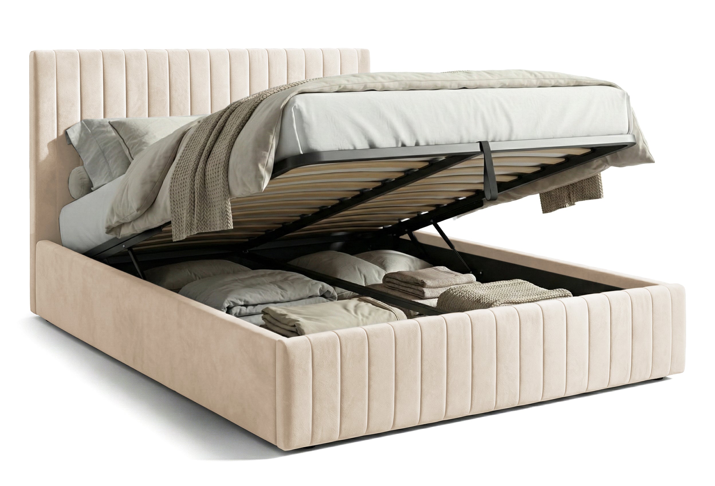 Pat Tapițat Sara, cu somieră rabatabilă și ladă depozitare #color_Bej-Velluto