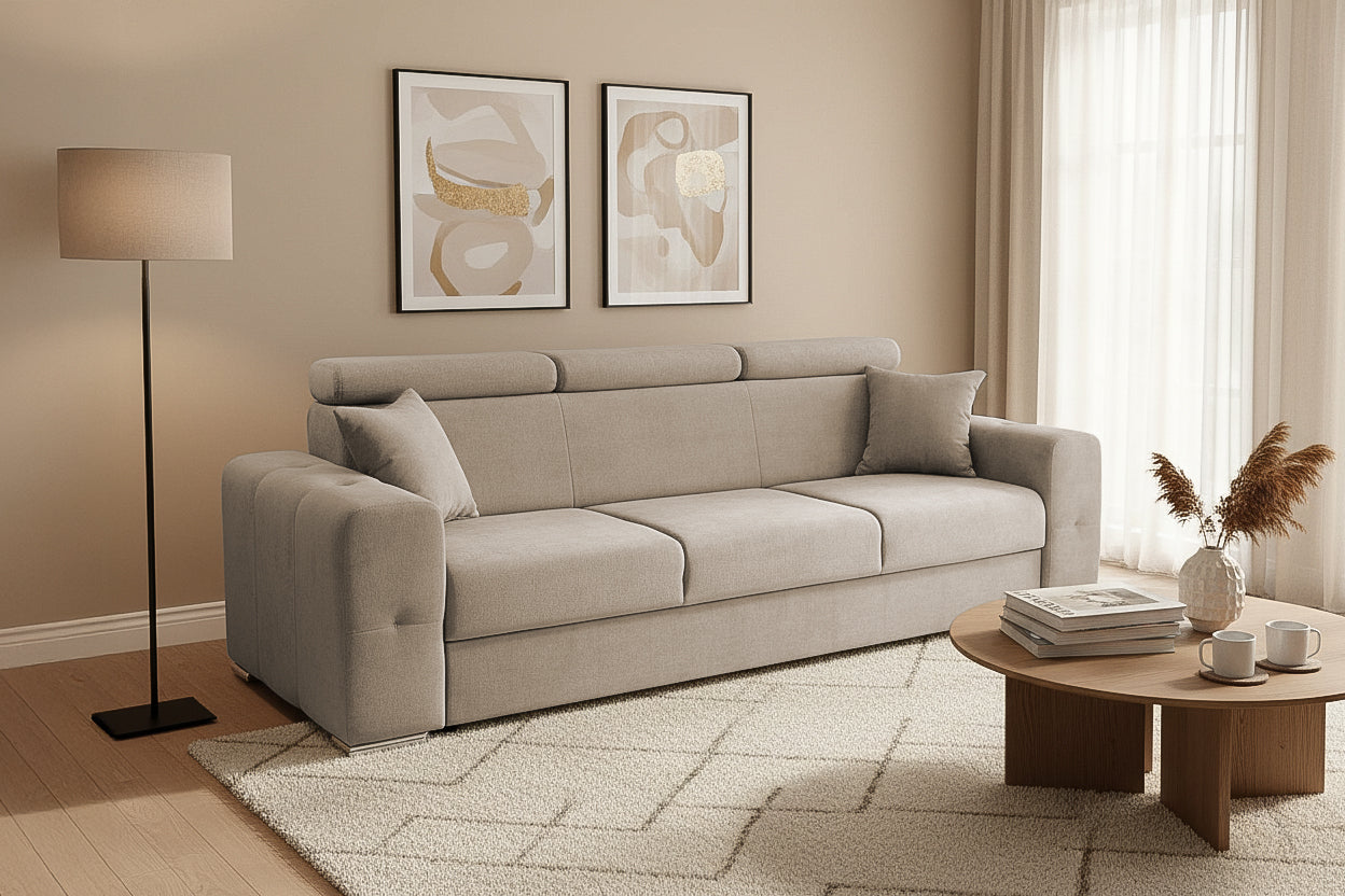 Canapea Extensibila 3 locuri BELLAGIO, cu tetiere, 235x95x85 cm - Prestigehome.ro - Canapea 3 Locuri - Prestige - #color_bej-enjoy