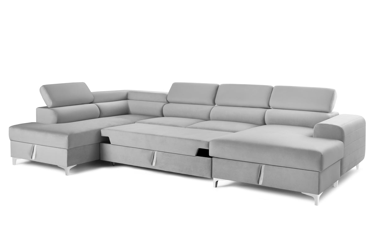 Colțar Extensibil, în formă de U, TIME, cu 2 lăzi de depozitare, cu tetiere reglabile, 360x220x95 cm #color_Gri-Silver-Velluto