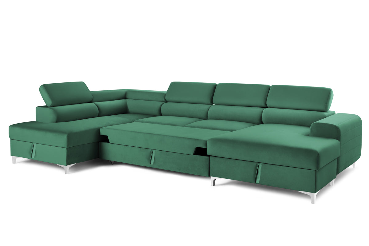 Colțar Extensibil, în formă de U, TIME, cu 2 lăzi de depozitare, cu tetiere reglabile, 360x220x95 cm #color_Verde-Padure-Velluto