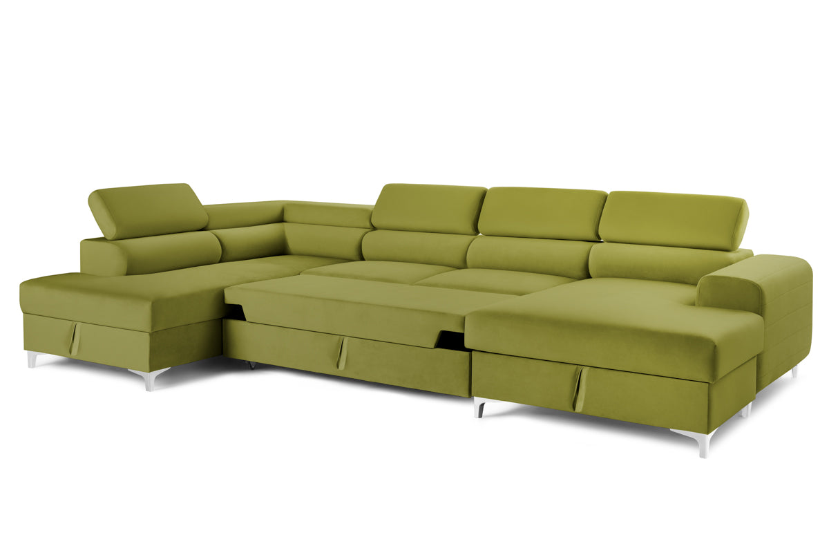 Colțar Extensibil, în formă de U, TIME, cu 2 lăzi de depozitare, cu tetiere reglabile, 360x220x95 cm #color_Verde-Olive-Velluto