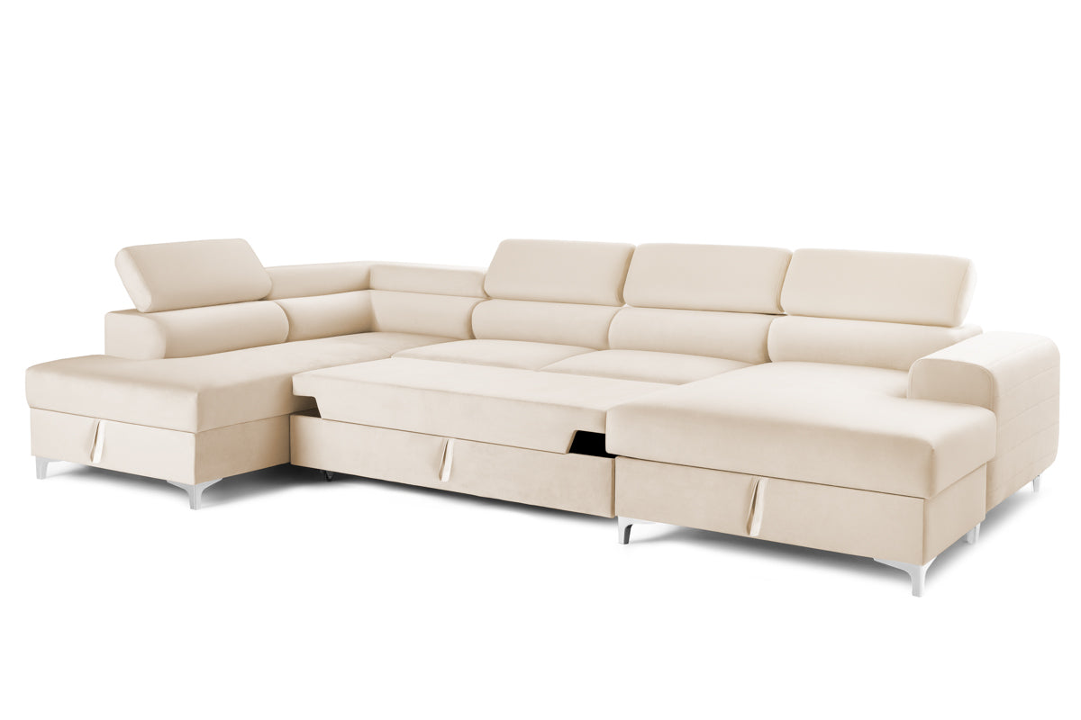 Colțar Extensibil, în formă de U, TIME, cu 2 lăzi de depozitare, cu tetiere reglabile, 360x220x95 cm #color_Bej-Velluto