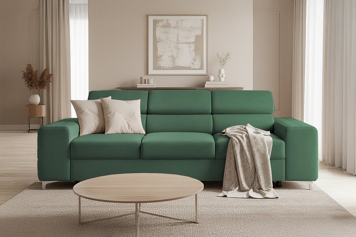 Canapea Extensibilă 3 locuri TIME, cu tetiere reglabile, cu suport lombar, 255x97x94 cm #color_Verde-Padure-Velluto